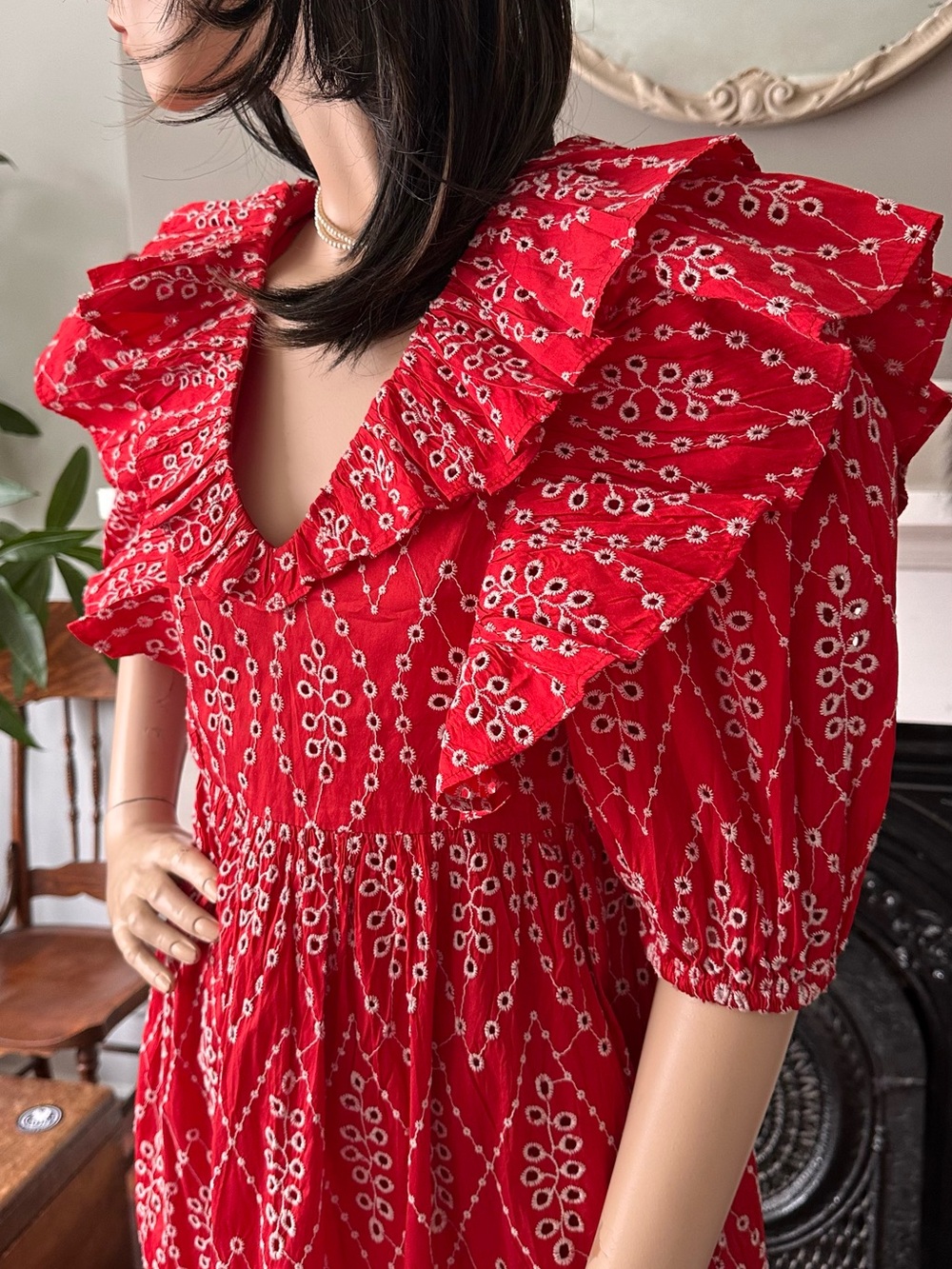 Zara Red Patterned Ruffled Midi Dress - Picture 3 of 7